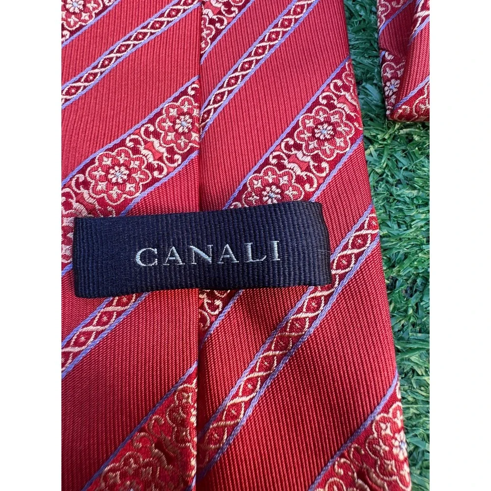 Canali Mens Red Silk Geometric Floral Striped Necktie Made in Italy‎